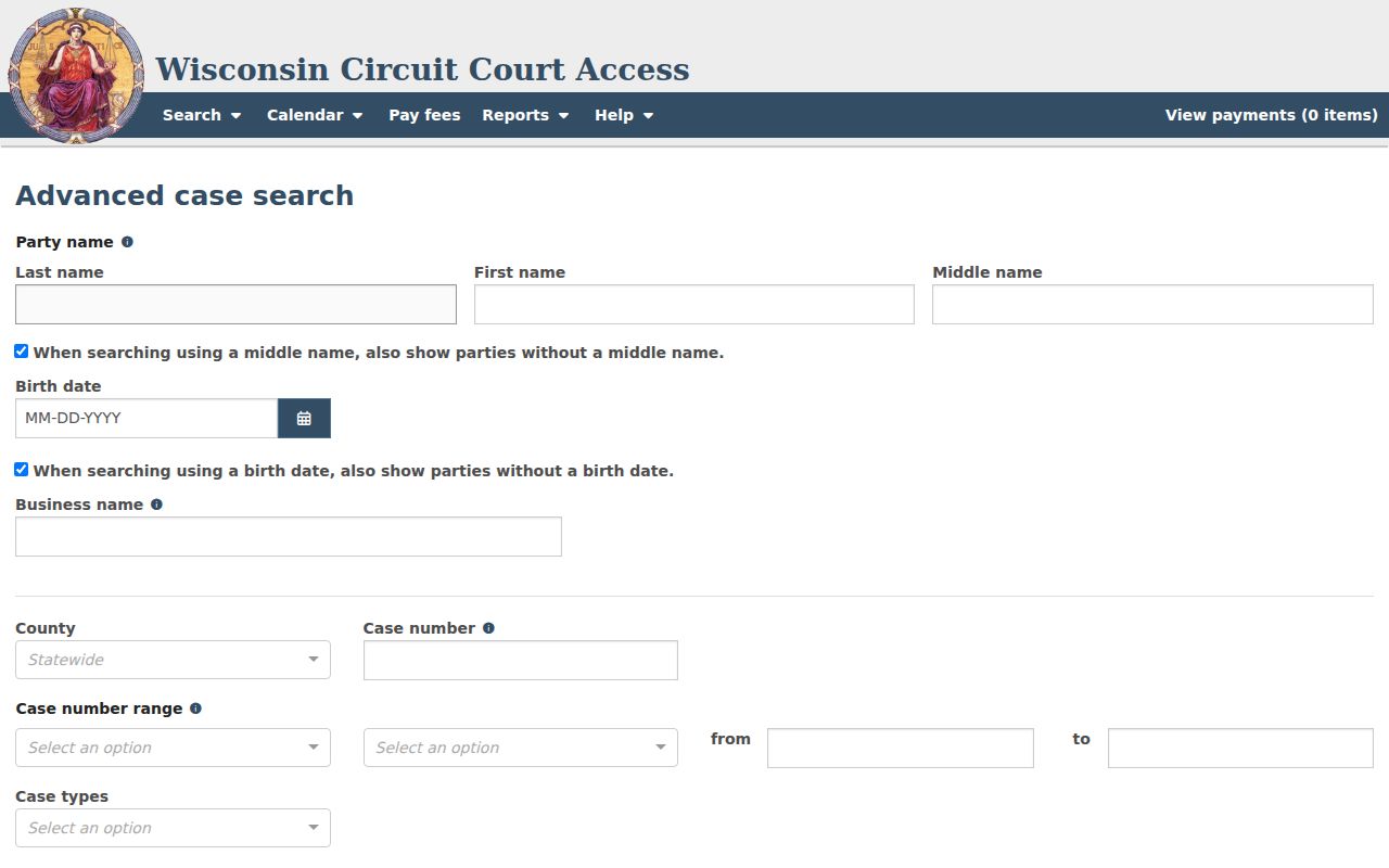 Blank WCCA Advanced Search form for Marathon County case research