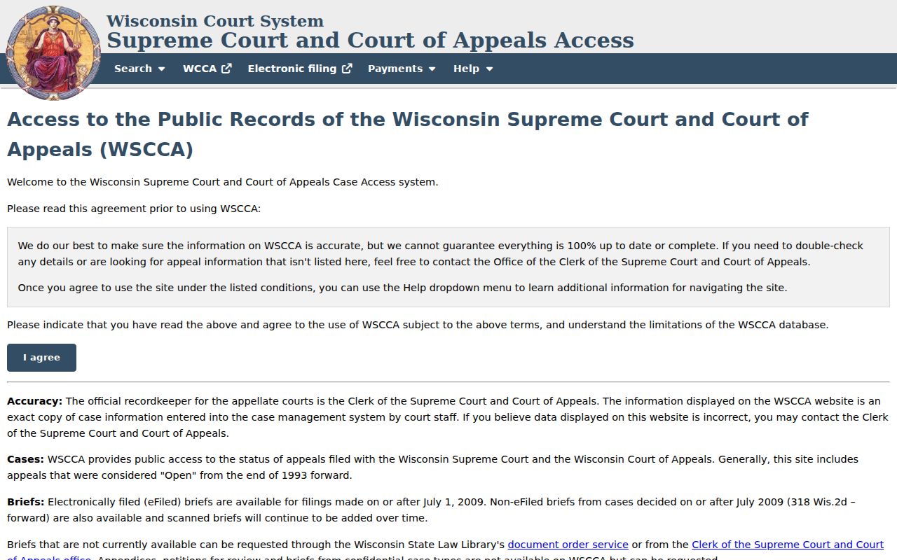 Wisconsin appellate case search landing page