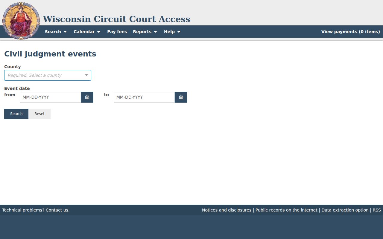 WCCA judgment search menu with blank date and county criteria